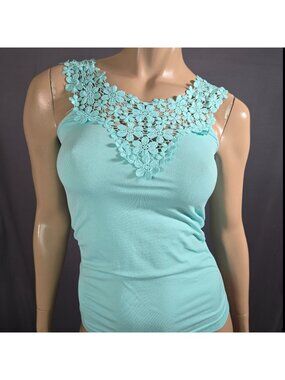 Y2K  Aqua Turquoise Blue Tank Top One Size Floral Lace Seamless Stretchy Fairy